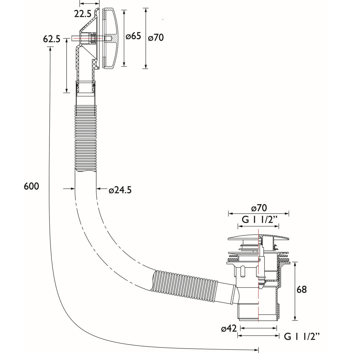 WBATH03GM Bristan Clicker Bath Waste with Overflow in Gunmetal Dimensions