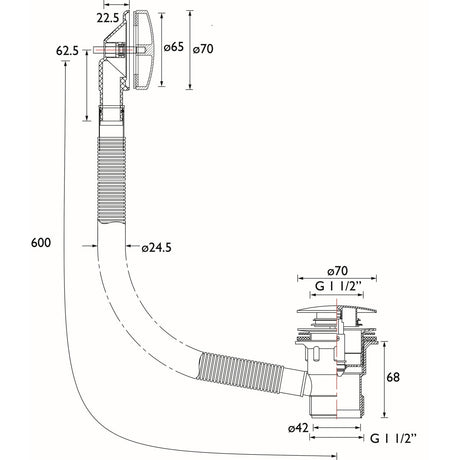 WBATH03GM Bristan Clicker Bath Waste with Overflow in Gunmetal Dimensions