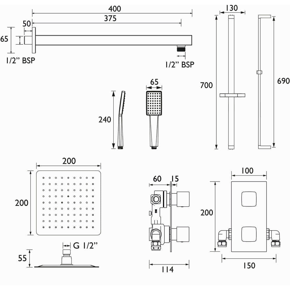 Bristan Cobalt Black Concealed Dual Control Shower Pack Dimensions