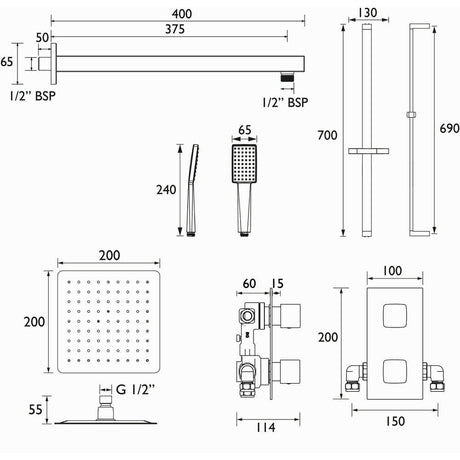 Bristan Cobalt Black Concealed Dual Control Shower Pack Dimensions