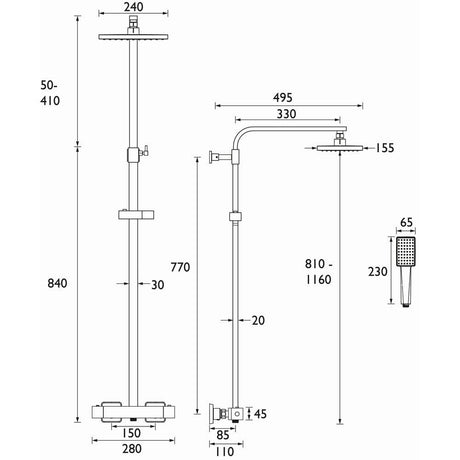 Bristan Craze Thermostatic Bar Mixer Shower with Rigid Riser in Black Dimensions