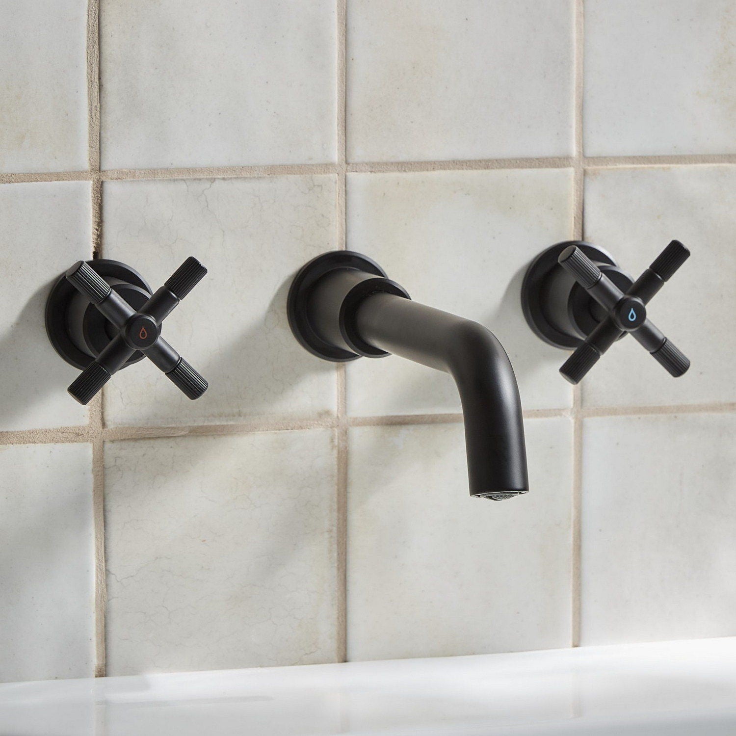 CRU3THWMBASBLK Bristan Cruzar Black 3TH Wall Mounted Basin Mixer Bathroom Setting