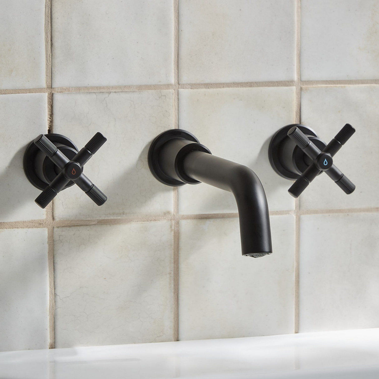 CRU3THWMBASBLK Bristan Cruzar Black 3TH Wall Mounted Basin Mixer Bathroom Setting