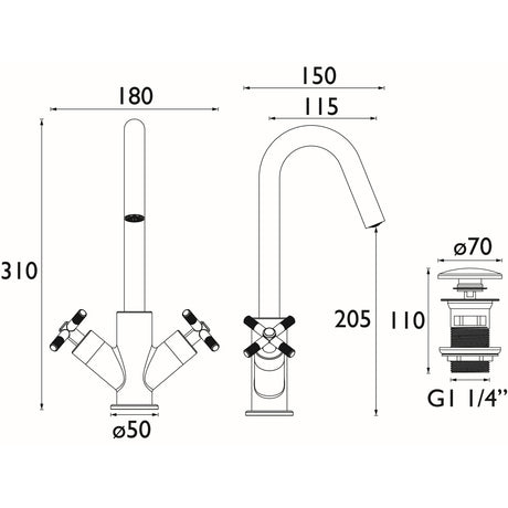CRUBASBLK Bristan Cruzar Black Basin Mixer with Waste Dimensions