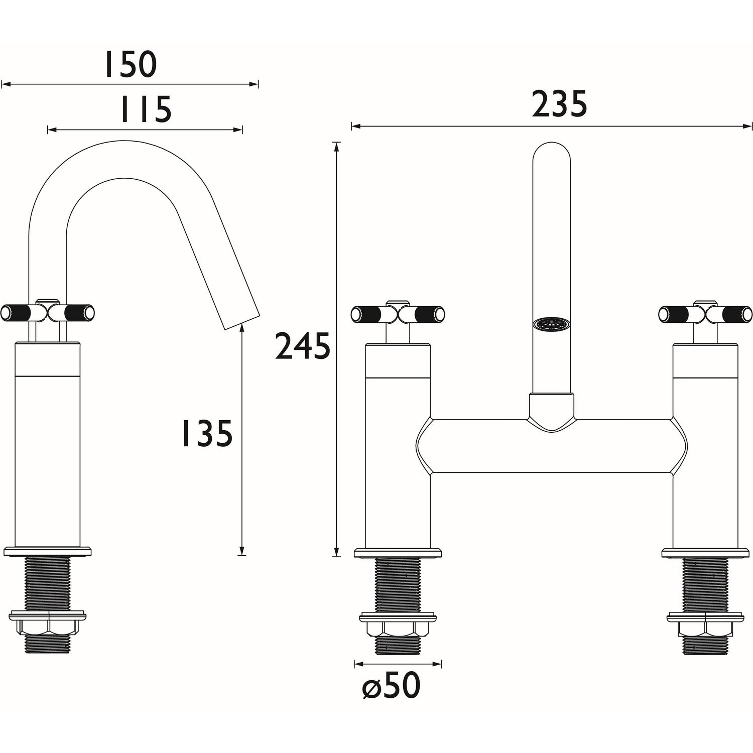 CRUBFBLK Bristan Cruzar Black Bath Filler Dimensions
