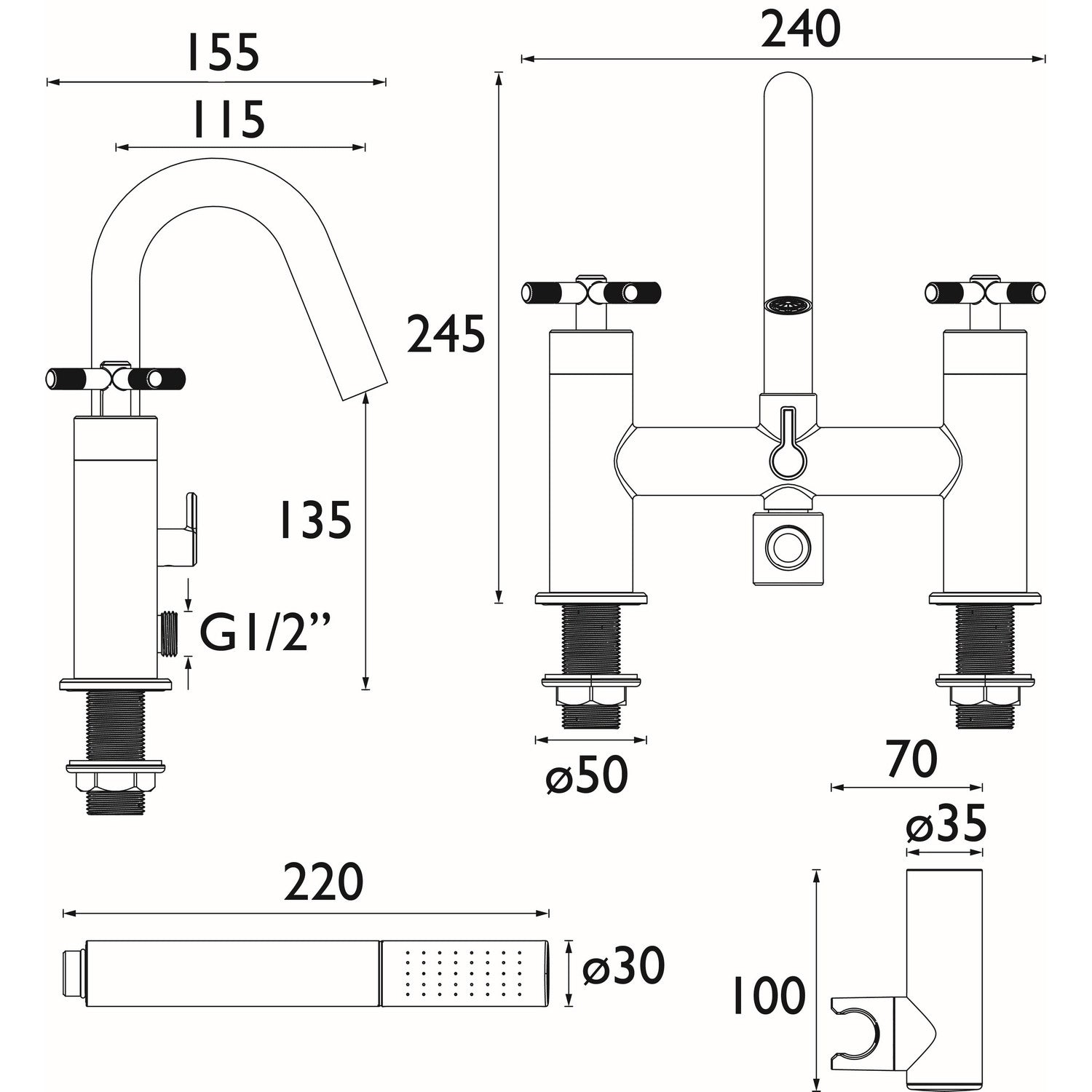 CRUBSMBLK Bristan Cruzar Black Bath Shower Mixer Dimensions