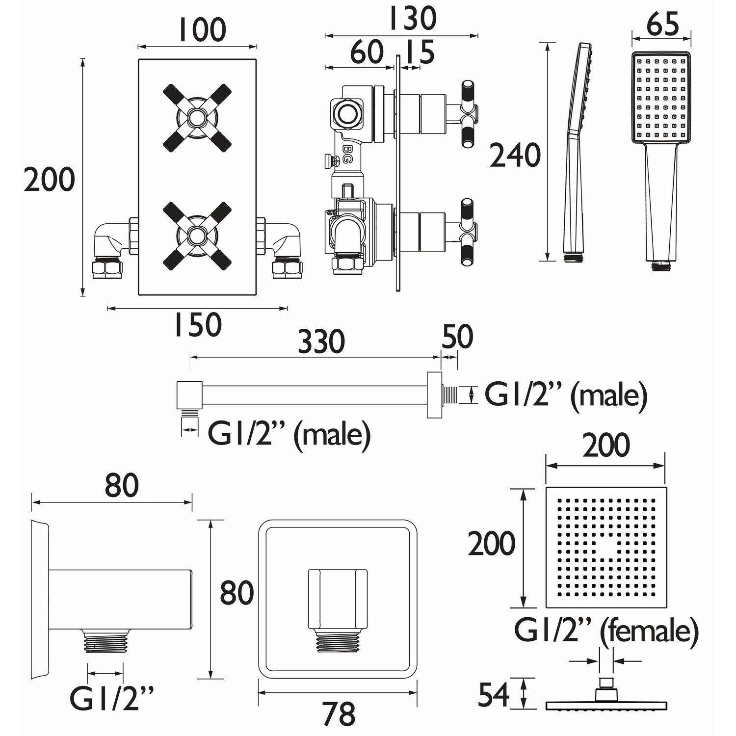 CRUZARBLKSHWRPK2 Bristan Cruzar Black Shower Pack with Fixed Head and Wall Outlet Handset Dimensions