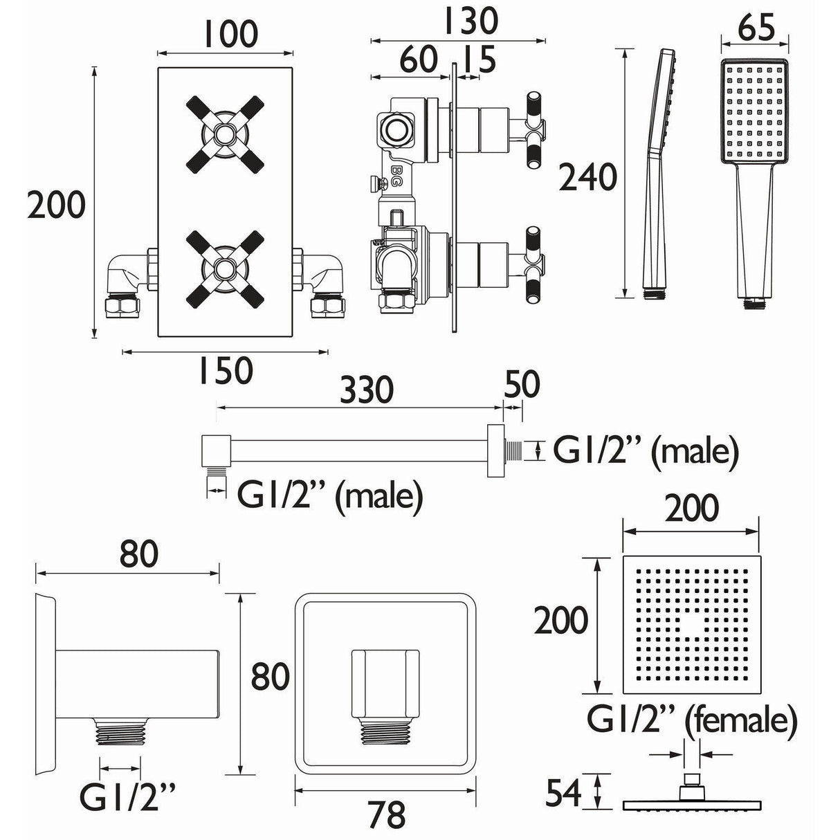 CRUZARBLKSHWRPK2 Bristan Cruzar Black Shower Pack with Fixed Head and Wall Outlet Handset Dimensions