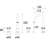 CRU3THBASBB Bristan Cruzar Brushed Brass 3TH Basin Mixer Dimensions
