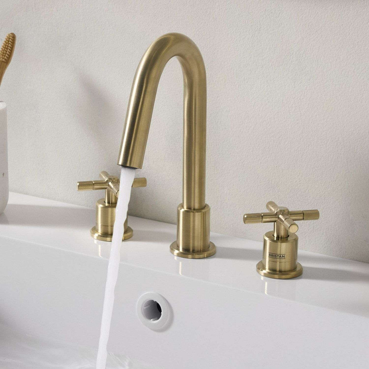 CRU3THBASBB Bristan Cruzar Brushed Brass 3TH Basin Mixer Installed on a Three Hole Basin