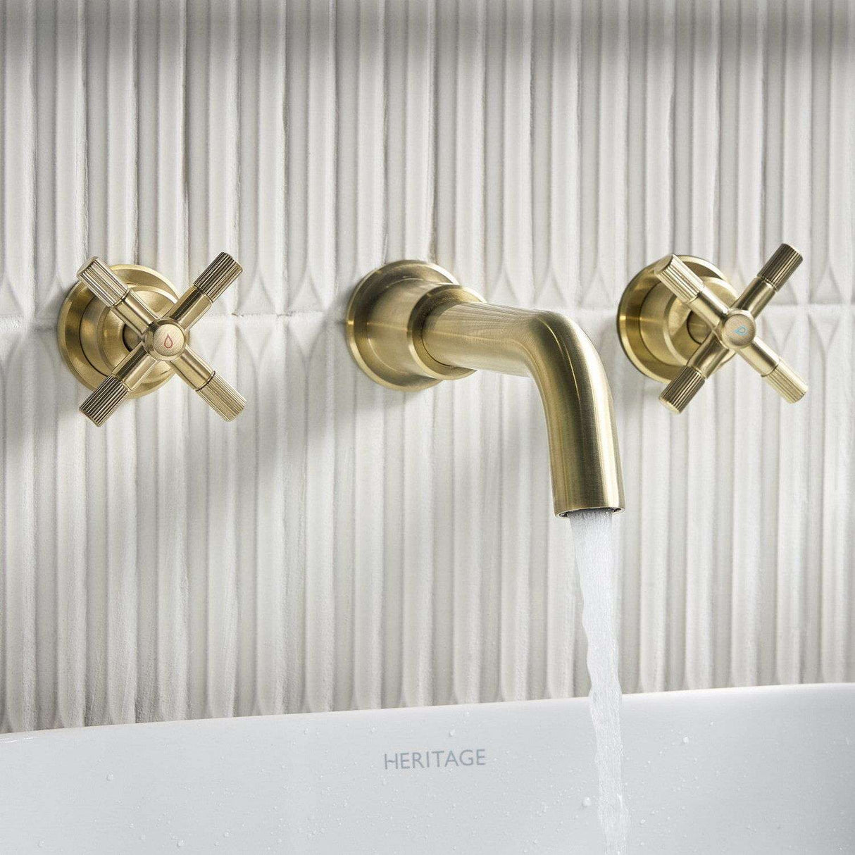 CRU3THWMBASBB Bristan Cruzar Brushed Brass 3TH Wall Mounted Basin Mixer Bathroom Setting