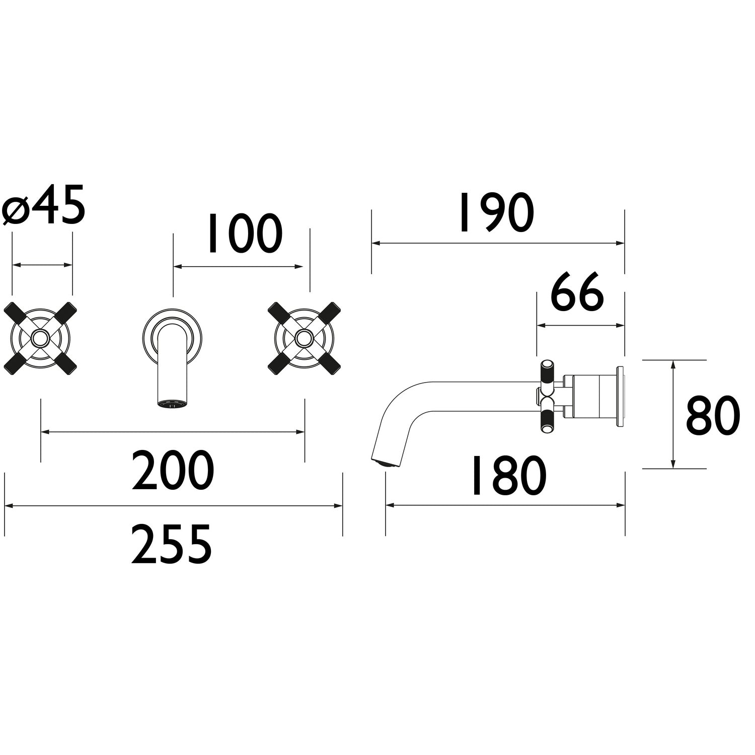 CRU3THWMBASBB Bristan Cruzar Brushed Brass 3TH Wall Mounted Basin Mixer Dimensions