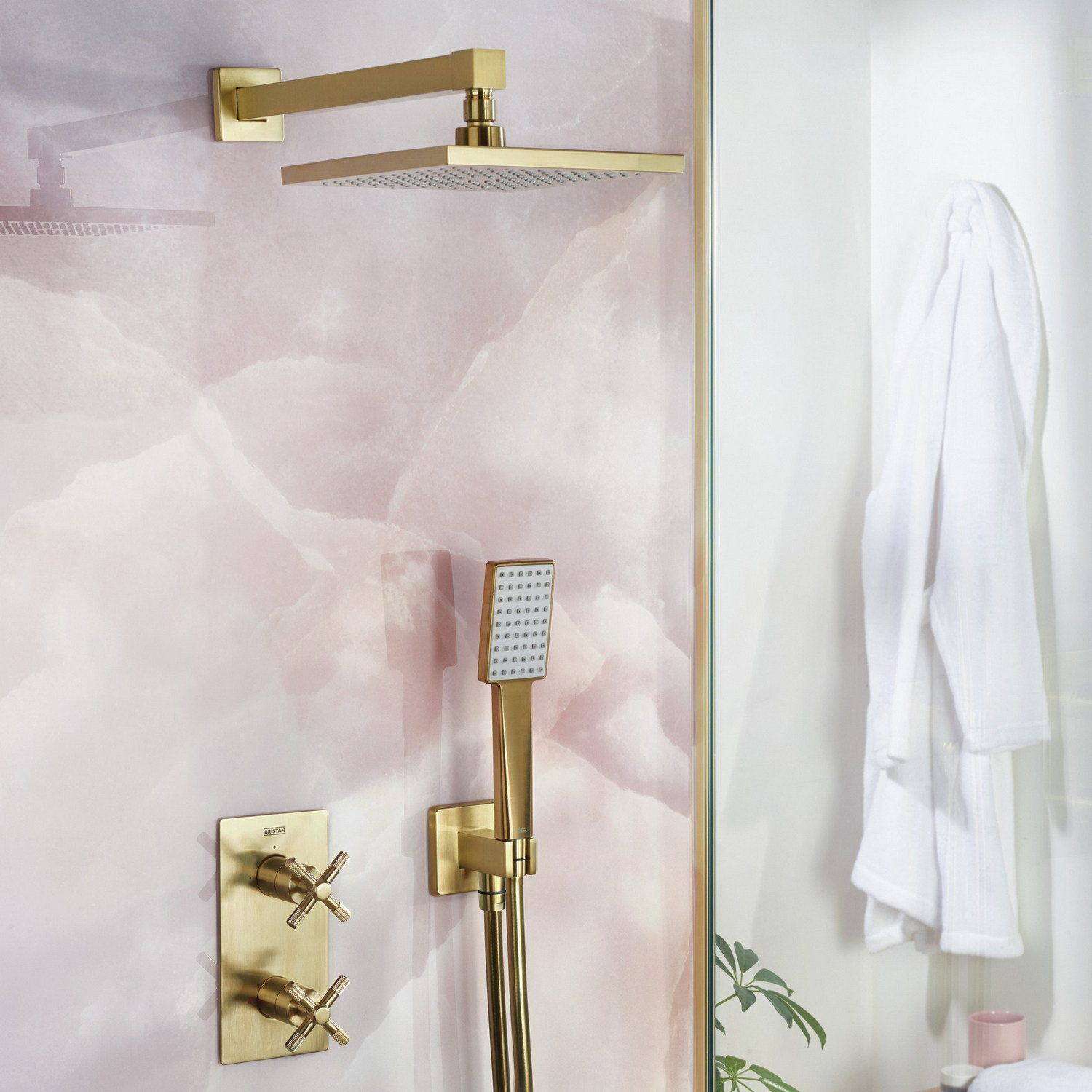 CRUZARBBSHWRPK2 Bristan Cruzar Brushed Brass Shower Pack with Fixed Head and Wall Outlet Handset Lifestyle
