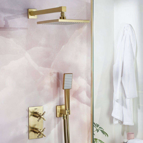 CRUZARBBSHWRPK2 Bristan Cruzar Brushed Brass Shower Pack with Fixed Head and Wall Outlet Handset Lifestyle