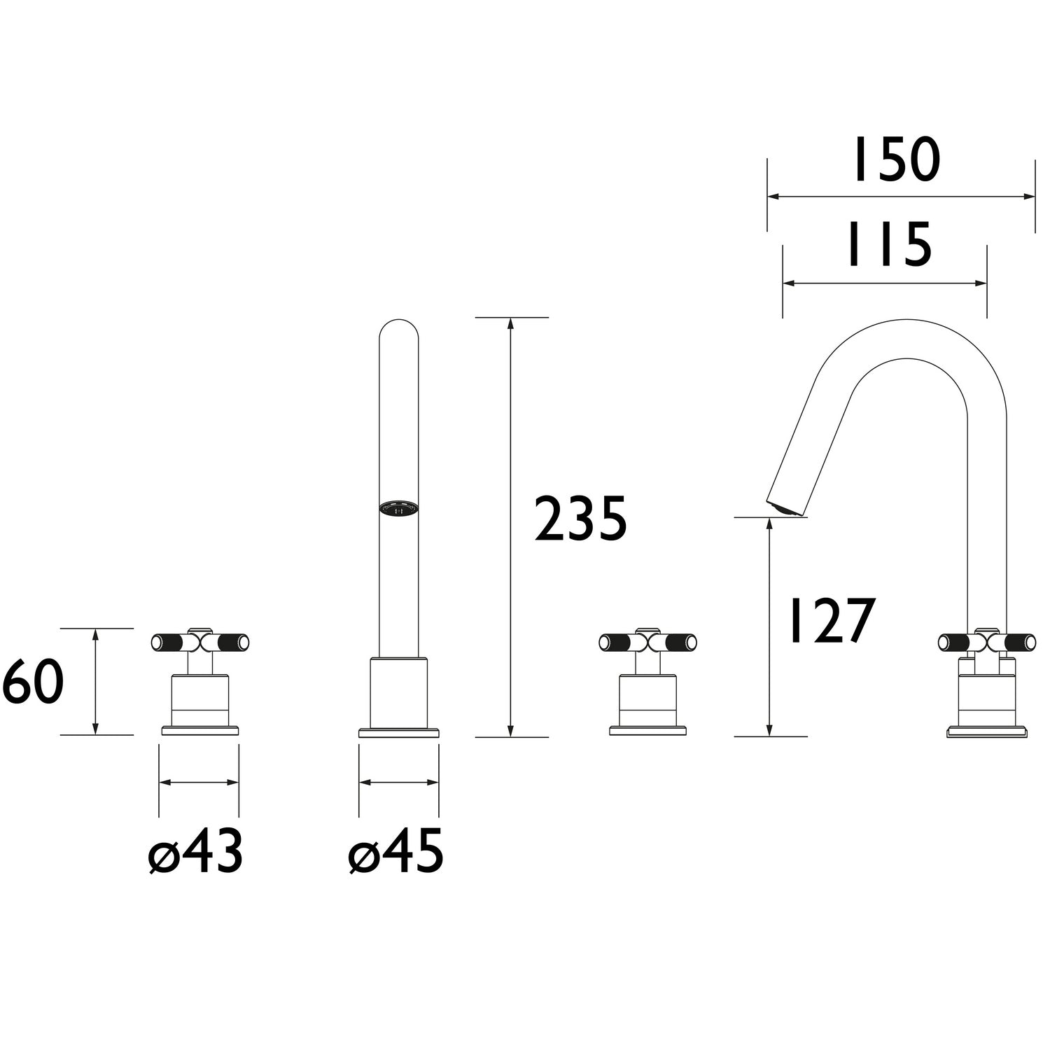 CRU3THBASC Bristan Cruzar Chrome 3TH Basin Mixer Dimensions
