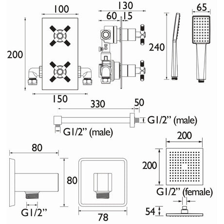 CRUZARSHWRPK2 Bristan Cruzar Chrome Shower Pack with Fixed Head and Wall Outlet Dimensions