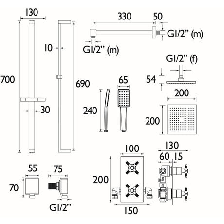 Bristan Cruzar Concealed Shower with Fixed Head and Riser Kit in Chrome dimensions