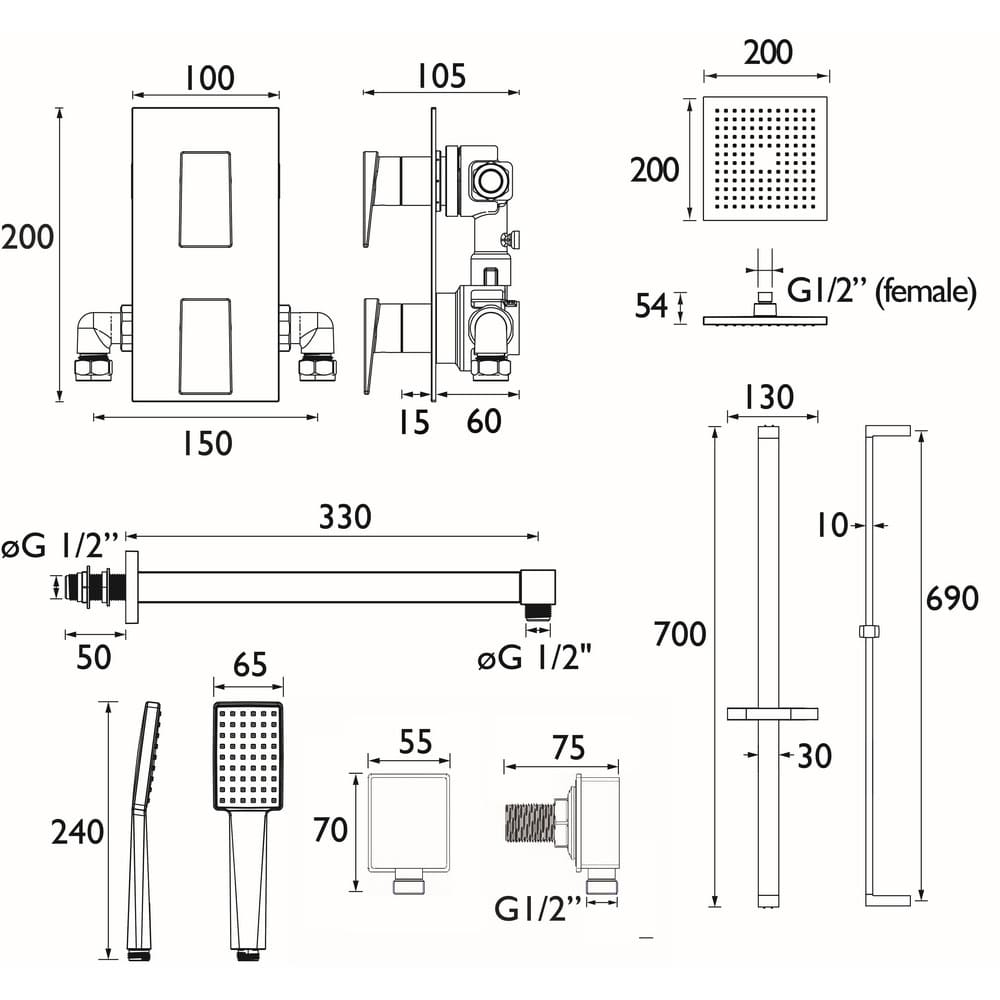 DELGADOBLKSHWRPK Bristan Delgado Concealed Shower Pack in Black Line Drawing