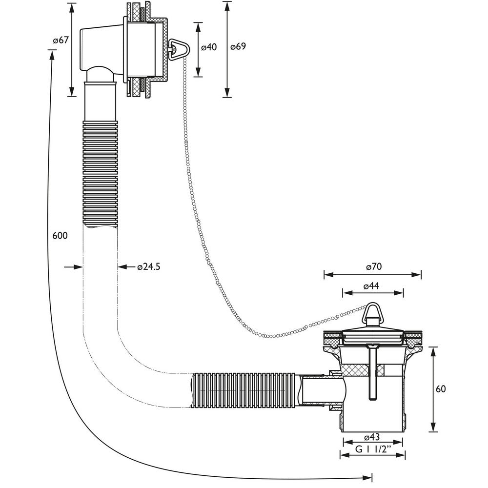 WBATH10C Bristan Economy Slotted Bath Waste with Brass Plug in Chrome Line Drawing
