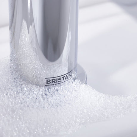 ELEBASC Bristan Elevar Basin Mixer with Clicker Waste in Chrome Close Up of Logo
