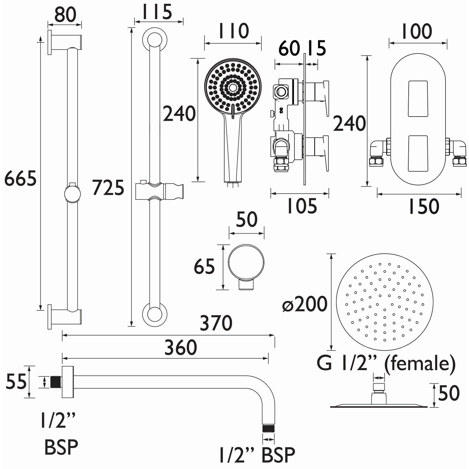 Bristan Frammento Dual Control Concealed Shower Pack in Chrome dimensions