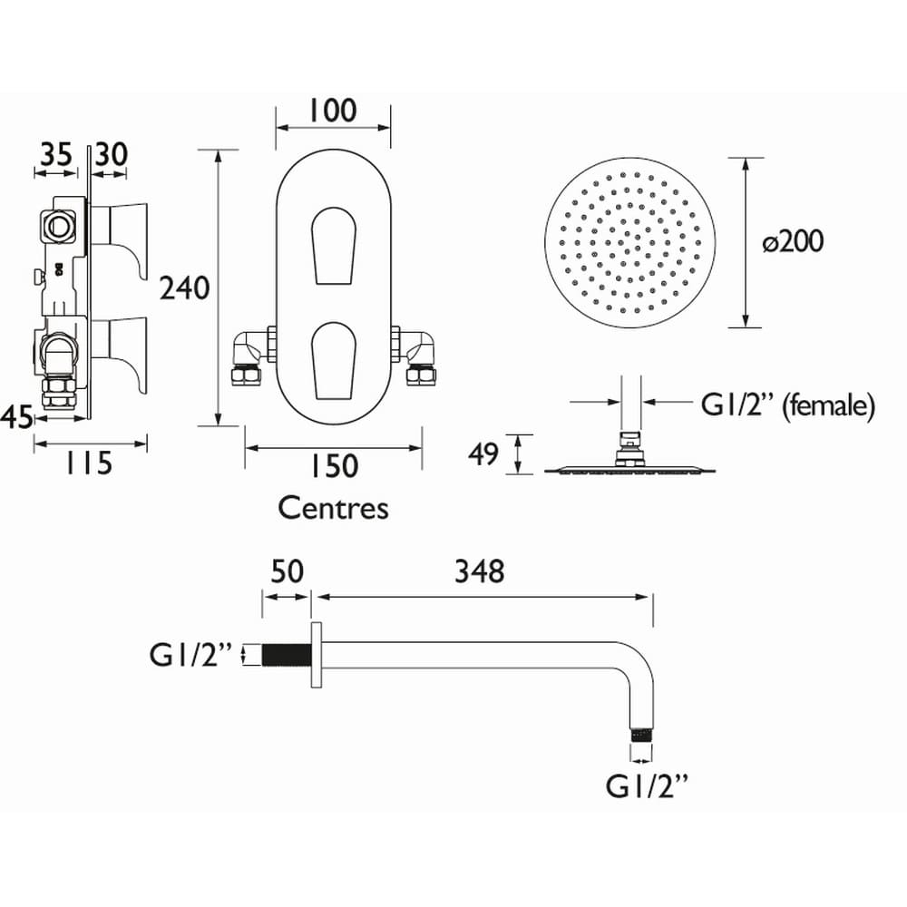 HOURGLASSSHWRPK2 Bristan Hourglass Chrome Shower Pack with Fixed Head Line Drawing