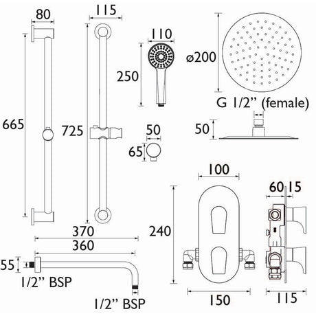 Bristan Hourglass Concealed Dual Control Shower Pack in Brushed Brass dimensions