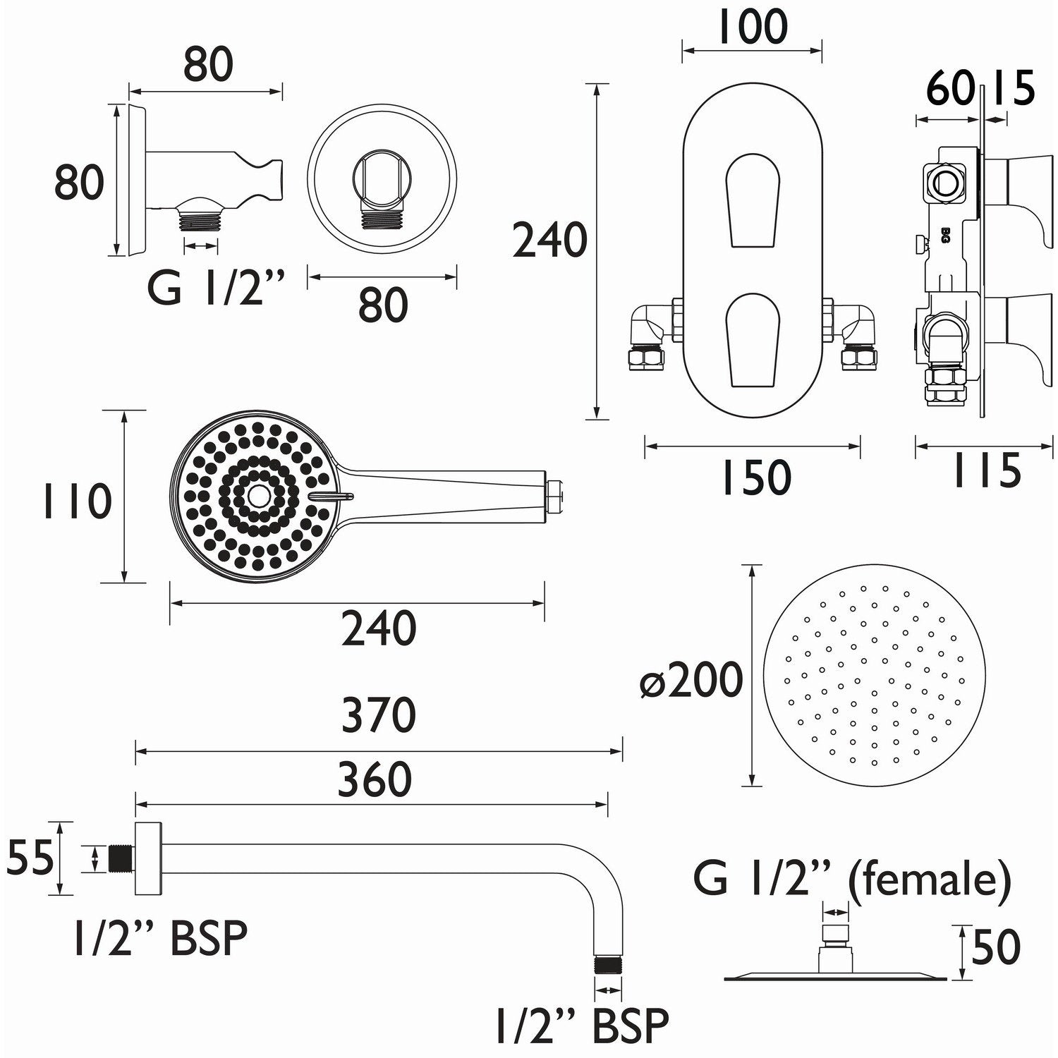 Bristan Hourglass Concealed Dual Control Shower Pack in Matt Black lifestyle dimensions