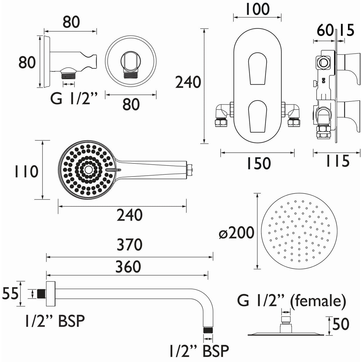 Bristan Hourglass Concealed Dual Control Shower Pack in Matt Black lifestyle dimensions