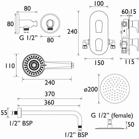 Bristan Hourglass Concealed Dual Control Shower Pack in Matt Black lifestyle dimensions