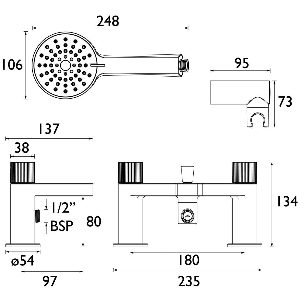 Bristan Liso Bath Shower Mixer in Black dimensions