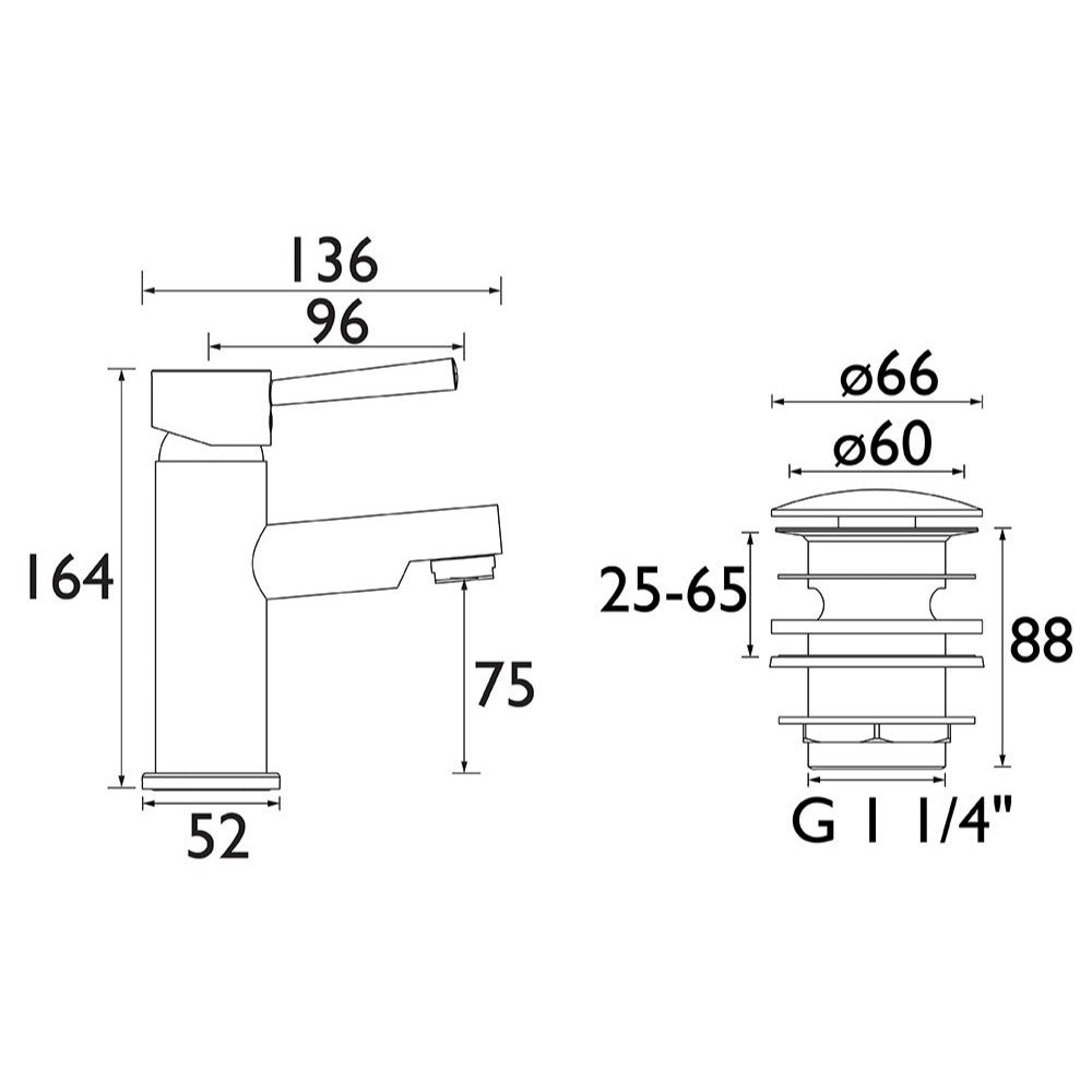 MIOBASC Bristan Mios Basin Mixer with Clicker Waste in Chrome Line Drawing