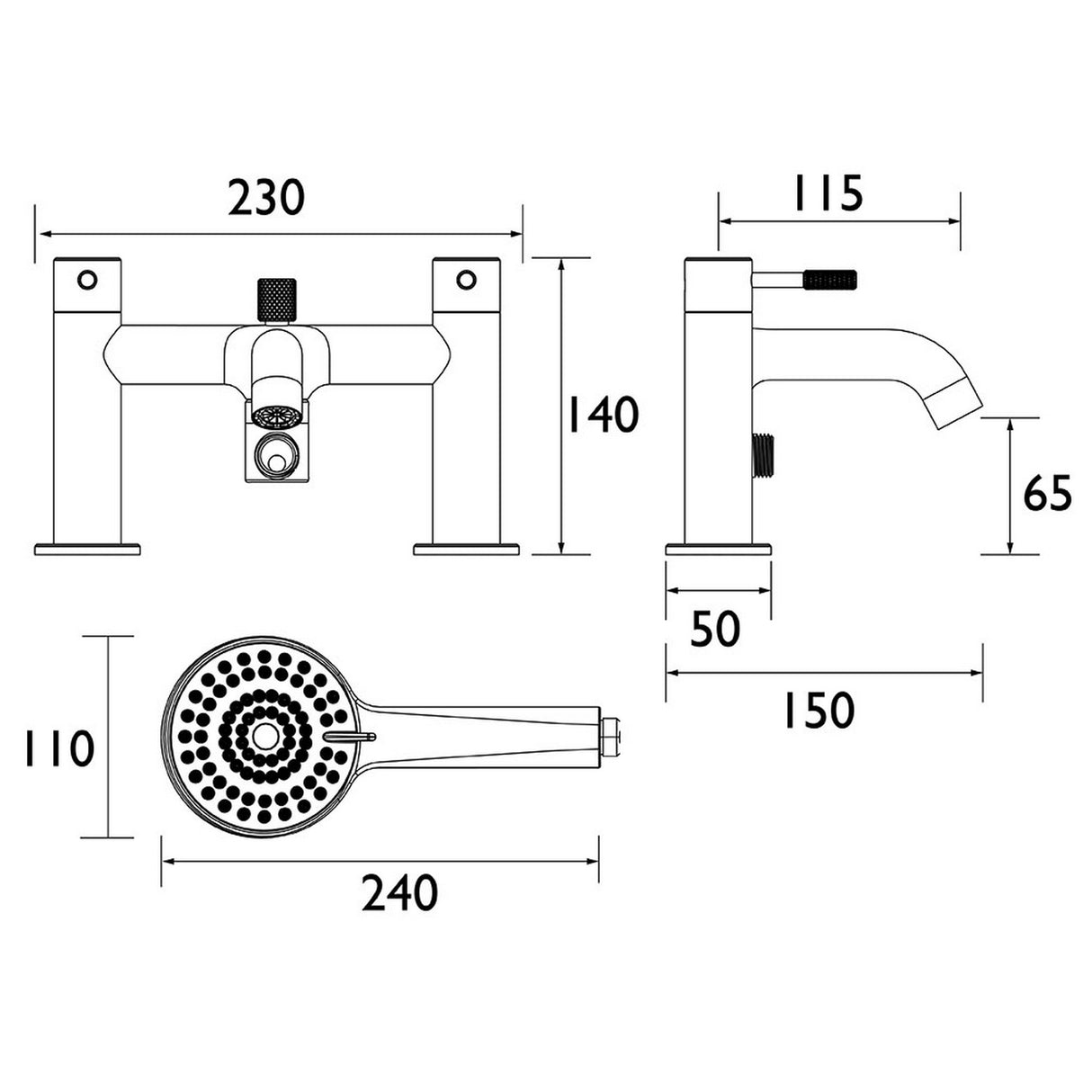 MOLBSMBLK Bristan Molida Black Bath Shower Mixer Dimensions
