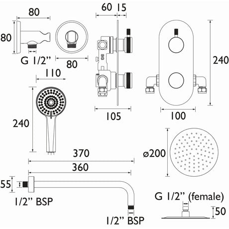 MOLIDABLKSHWRPK2 Bristan Molida Black Thermostatic Shower Pack with Fixed Head and Handset Dimensions