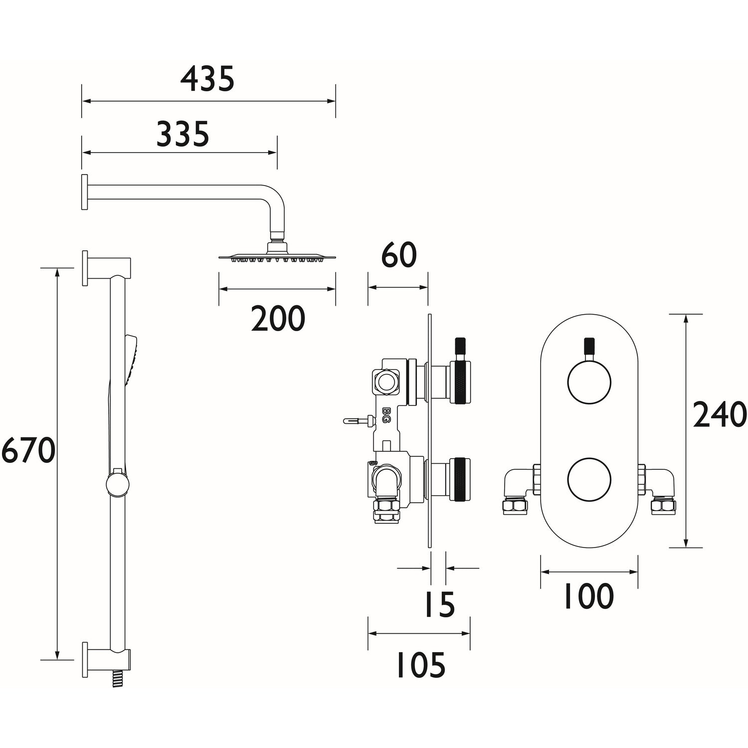 MOLIDABLKSHWRPK Bristan Molida Black Thermostatic Shower Pack with Fixed Head and Riser Kit Dimensions