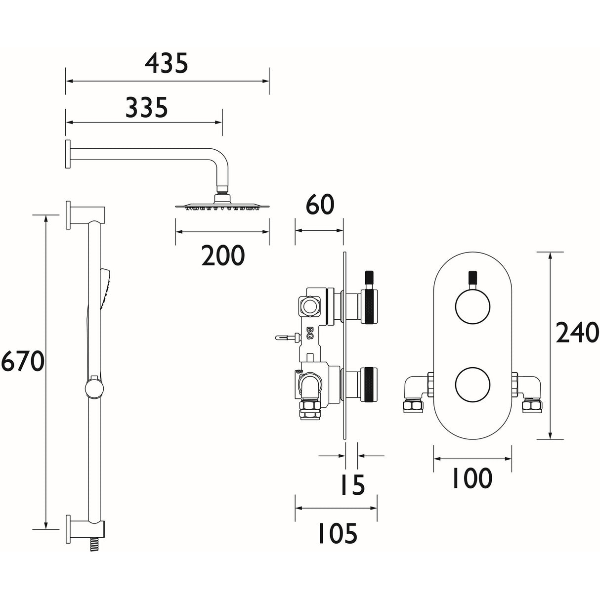 MOLIDABLKSHWRPK Bristan Molida Black Thermostatic Shower Pack with Fixed Head and Riser Kit Dimensions