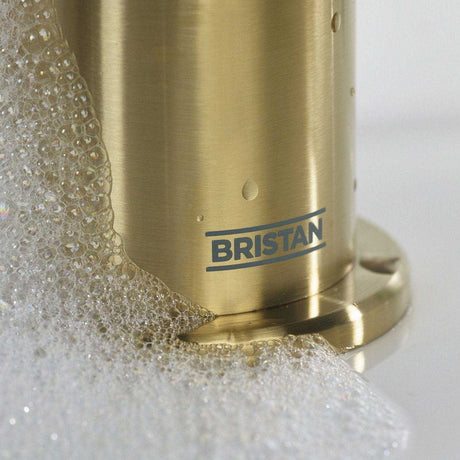 MOLBFBB Bristan Molida Brushed Brass Bath Filler Logo Detail Close Up