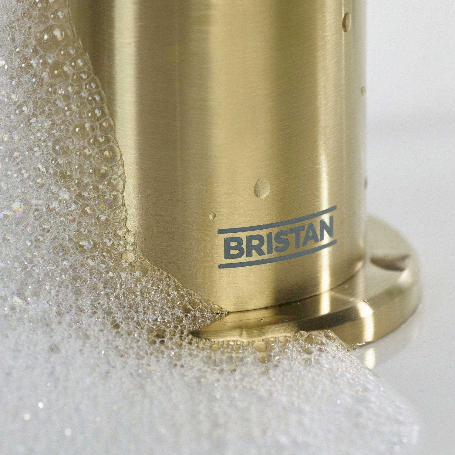 MOLESBASBB Bristan Molida Brushed Brass Eco Start Basin Mixer with Waste Logo Detail Close Up