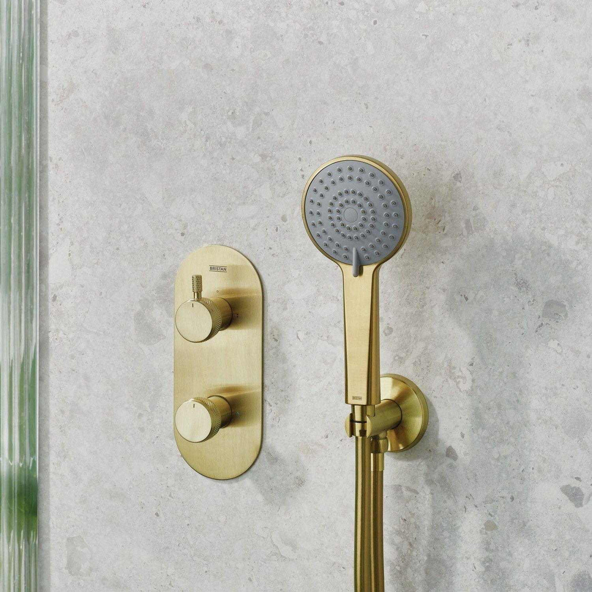 MOLIDABBSHWRPK2 Bristan Molida Brushed Brass Thermostatic Shower Pack with Fixed Head and Handset Close Up