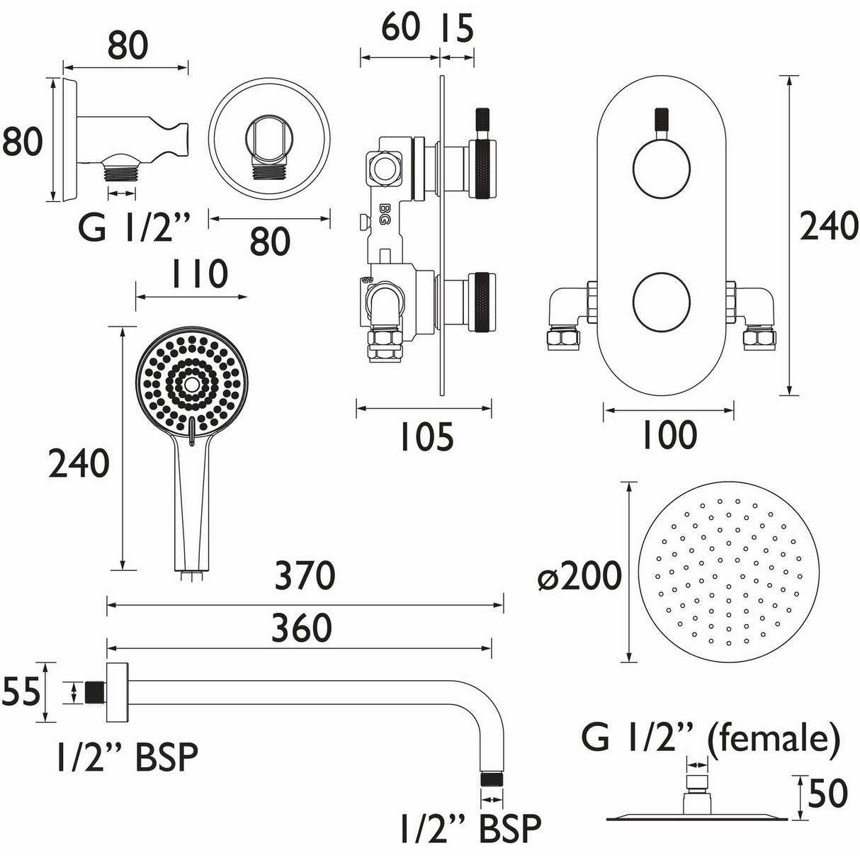 MOLIDABBSHWRPK2 Bristan Molida Brushed Brass Thermostatic Shower Pack with Fixed Head and Handset Dimensions