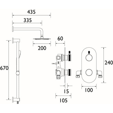 MOLIDABBSHWRPK Bristan Molida Brushed Brass Thermostatic Shower Pack with Fixed Head and Riser Kit Dimensions
