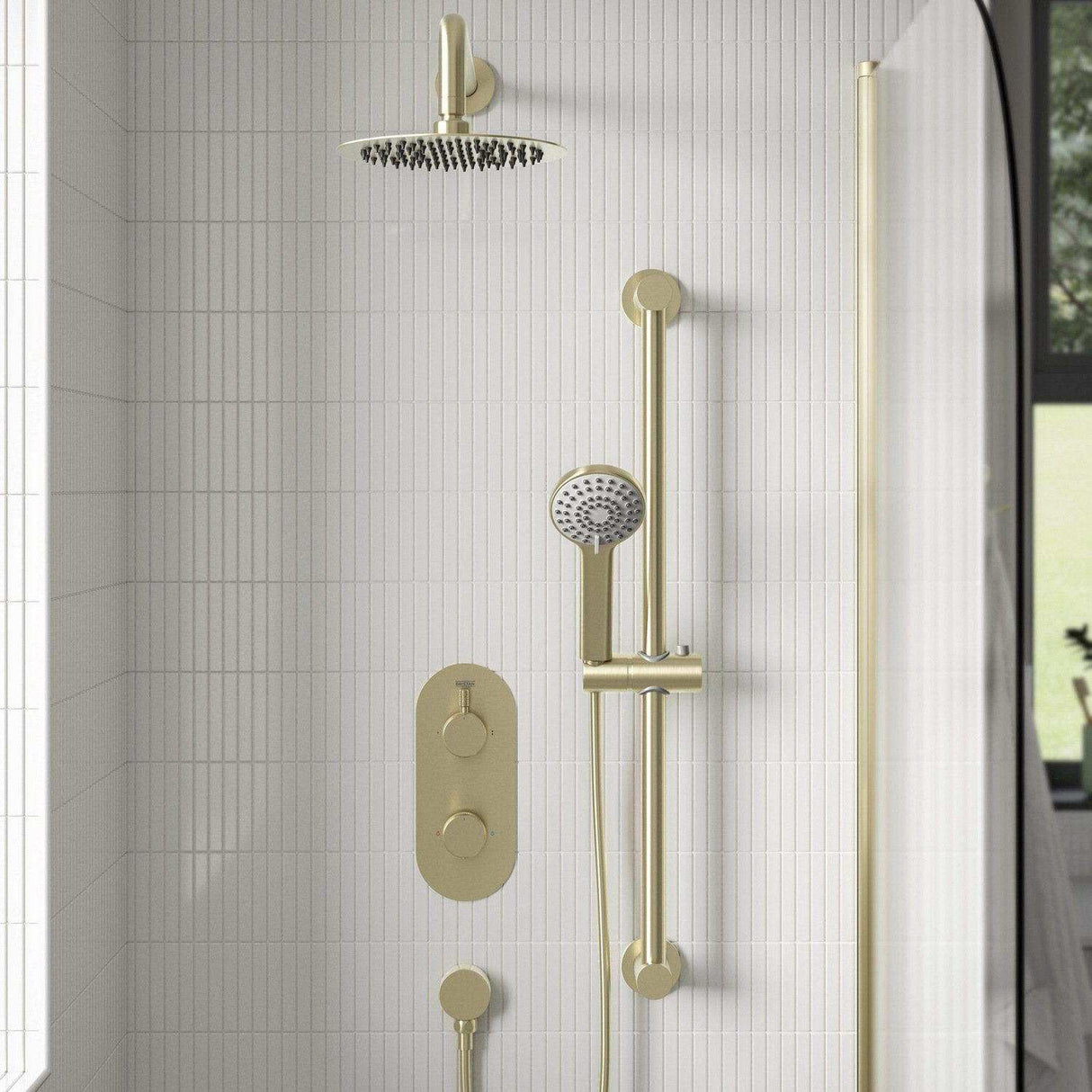 MOLIDABBSHWRPK Bristan Molida Brushed Brass Thermostatic Shower Pack with Fixed Head and Riser Kit Lifestyle