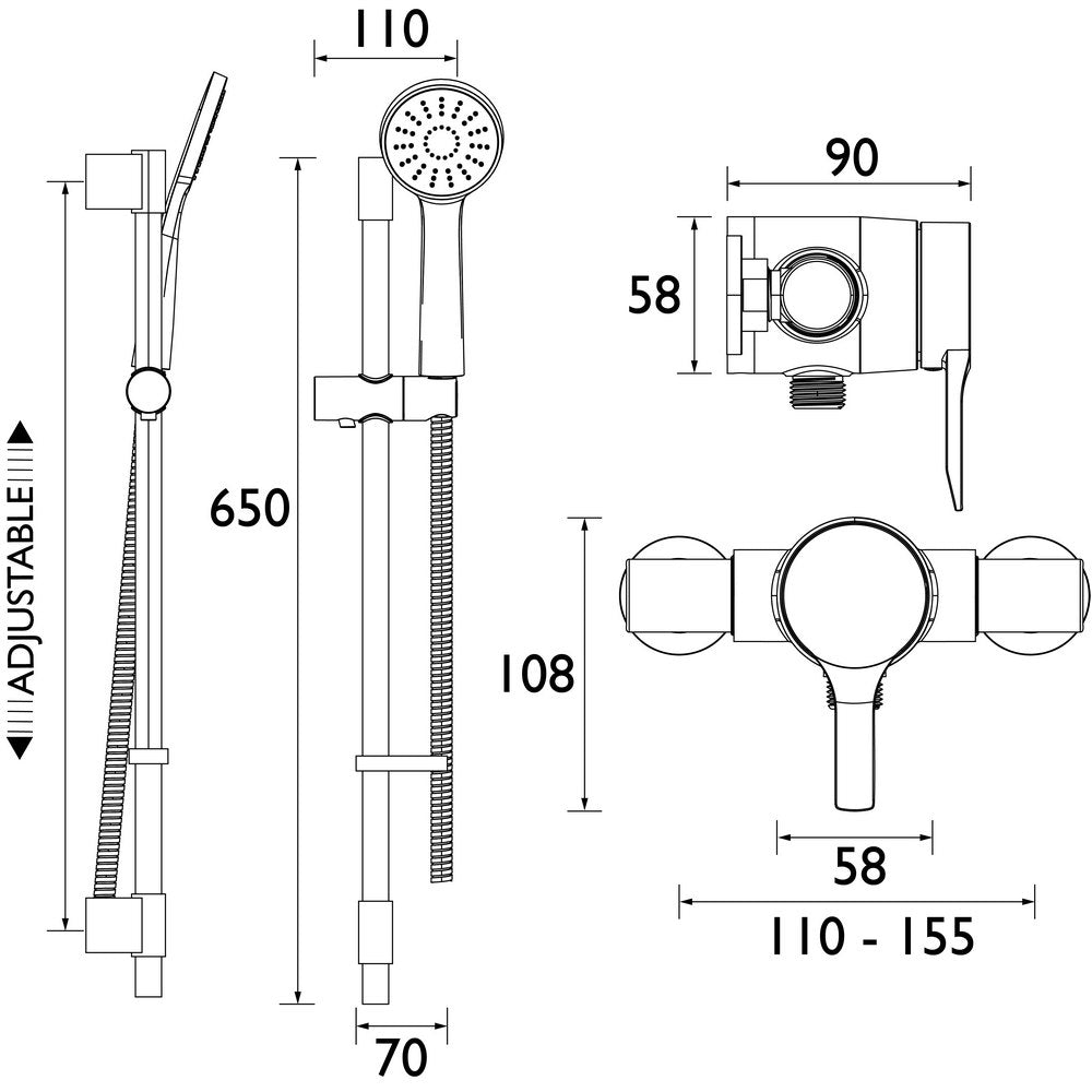 Bristan Onza Thermostatic Exposed Shower Valve with Riser Kit in Black Dimensions