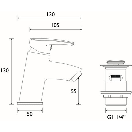 Bristan Orta Basin Mixer with Clicker Waste in Chrome Dimensions