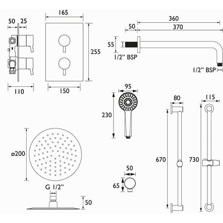 Bristan Prism Black Concealed Dual Control Shower Pack Dimensions