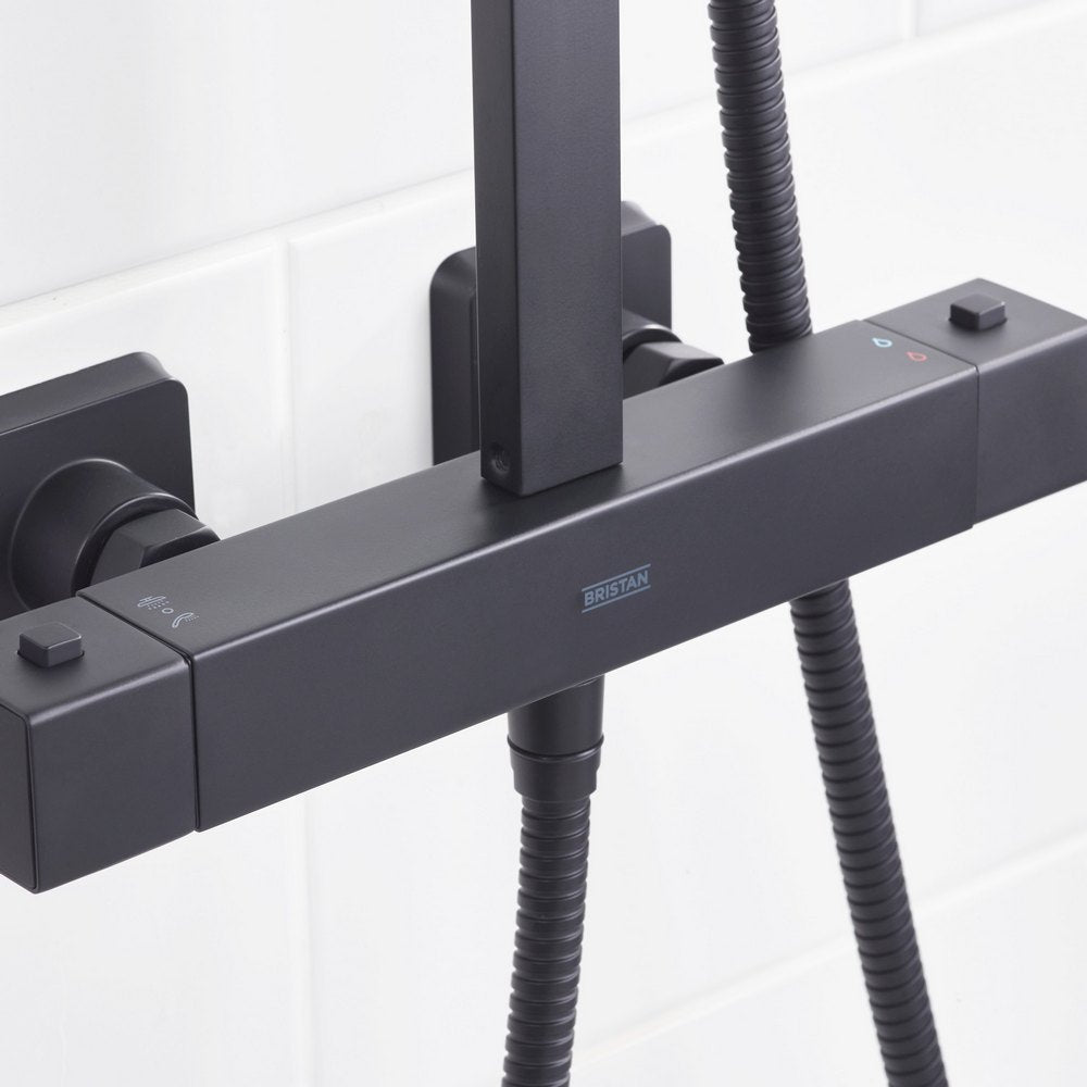 Bristan Quadrato Safe Touch Thermostatic Rigid Riser Bar Shower in Black Bar Valve