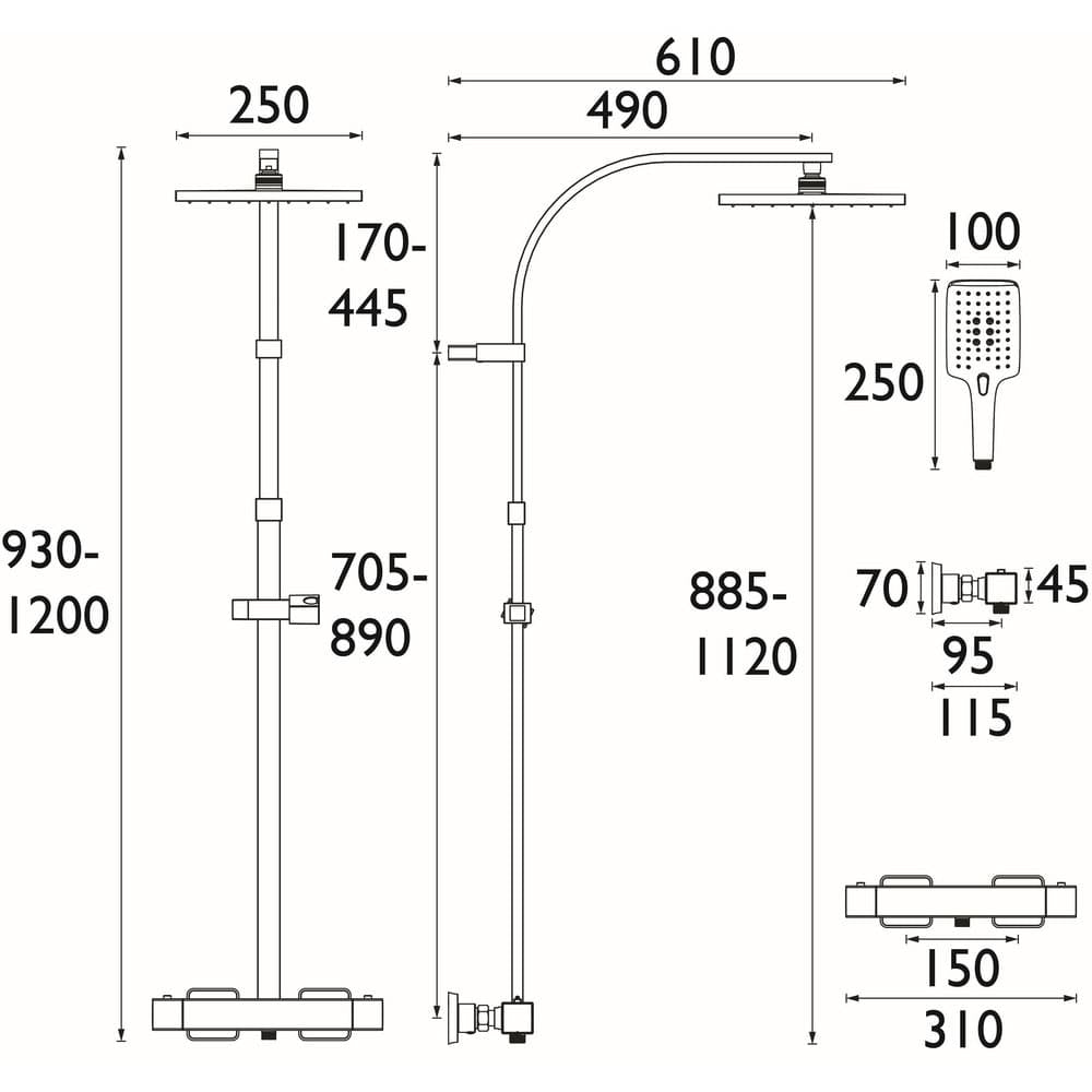 Bristan Quadrato Safe Touch Thermostatic Rigid Riser Bar Shower in Black Dimensions