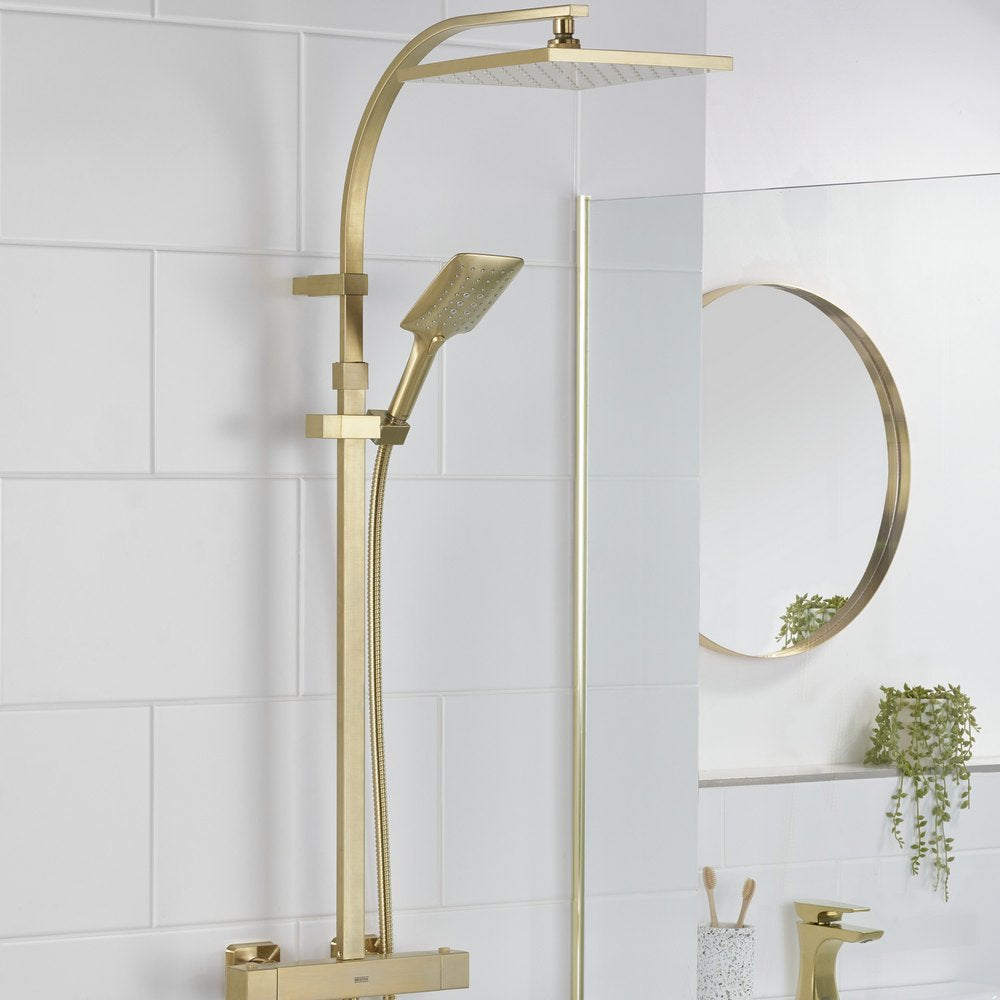Bristan Quadrato Safe Touch Thermostatic Rigid Riser Bar Shower in Brushed Brass Lifestyle