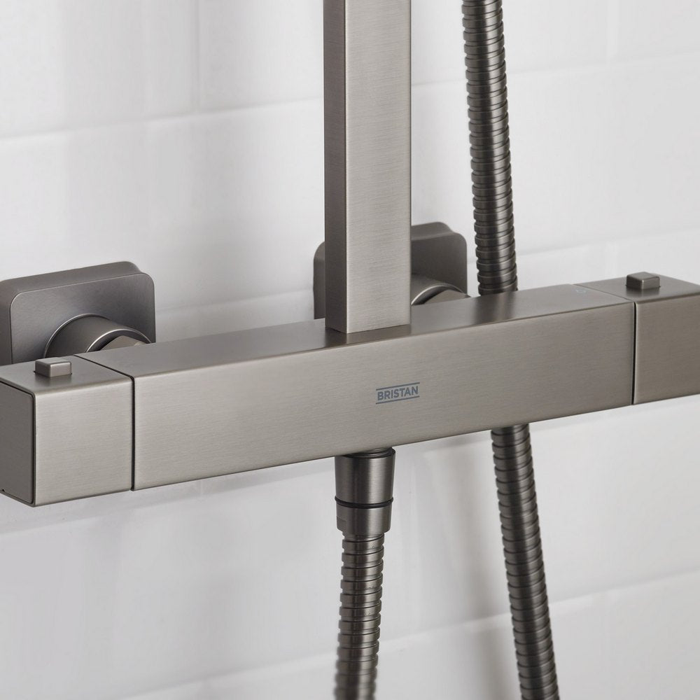Bristan Quadrato Safe Touch Thermostatic Rigid Riser Bar Shower in Gunmetal Bar Valve