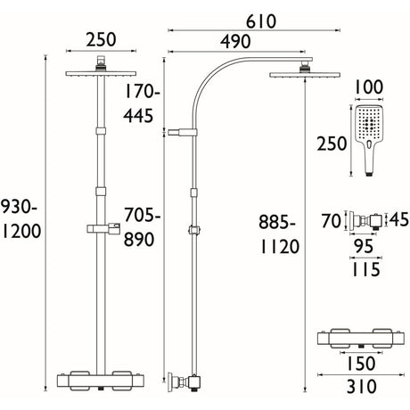 Bristan Quadrato Safe Touch Thermostatic Rigid Riser Bar Shower in Gunmetal Dimensions